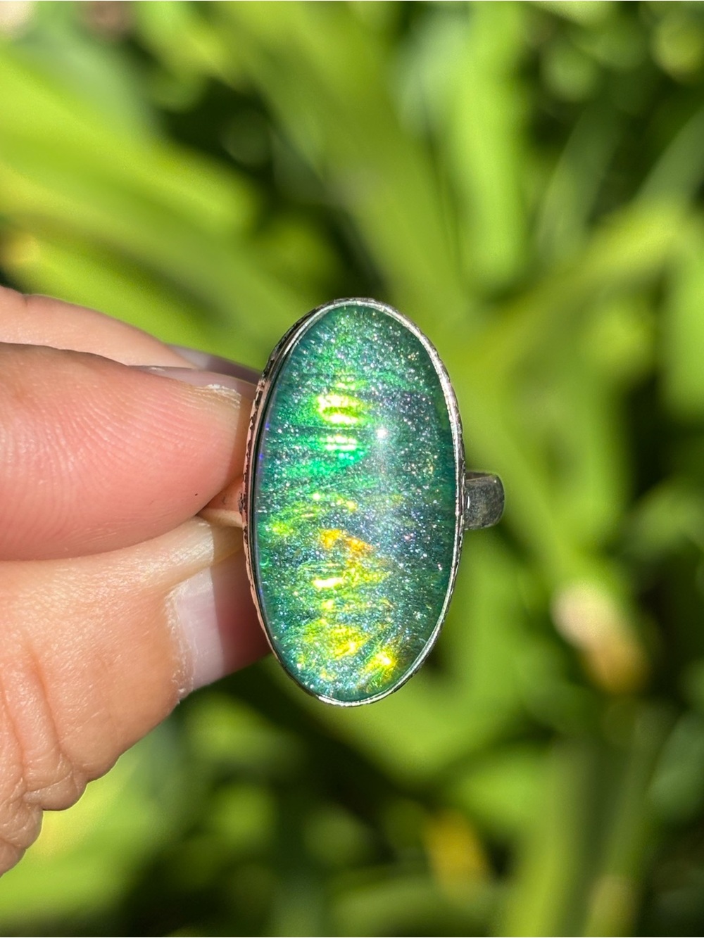 SIZE 9 Oval Simulated Opal Ring Silver Plated Gemstone Statement Ring